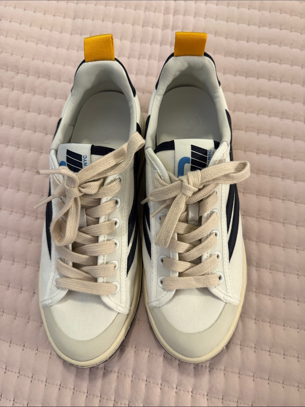 Women’s Oncept NYC Casual Canvas Sneakers in White, Navy, Mustard 7.5